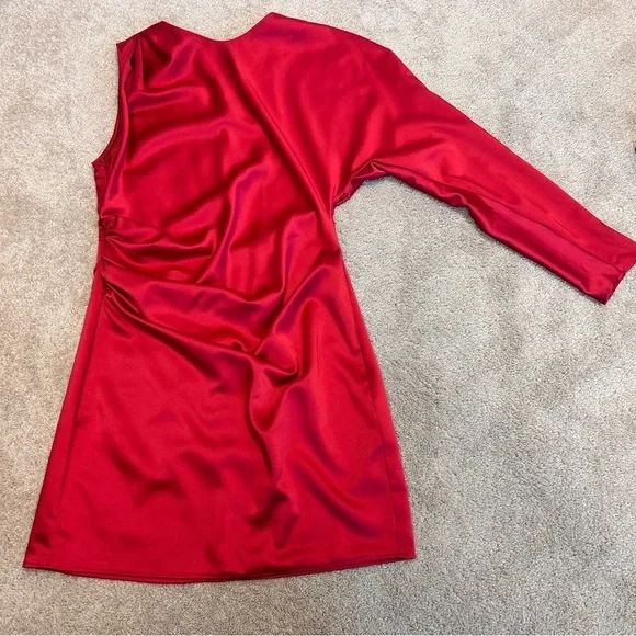 Zara red satin effect one sleeve asymetrical mini dress Sz L NWT - Picture 9 of 16